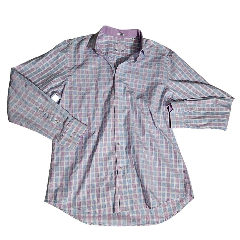 Bugatchi Uomo Mens XL Shaped Fit Long Sleeve Plaid Button Down Shirt Purple Blue